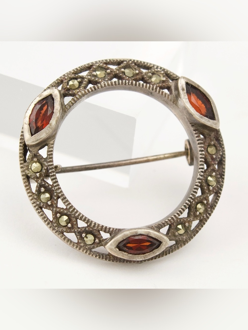 Vintage Garnet and Marcasite Sterling Silver Brooch Open Circle Pin